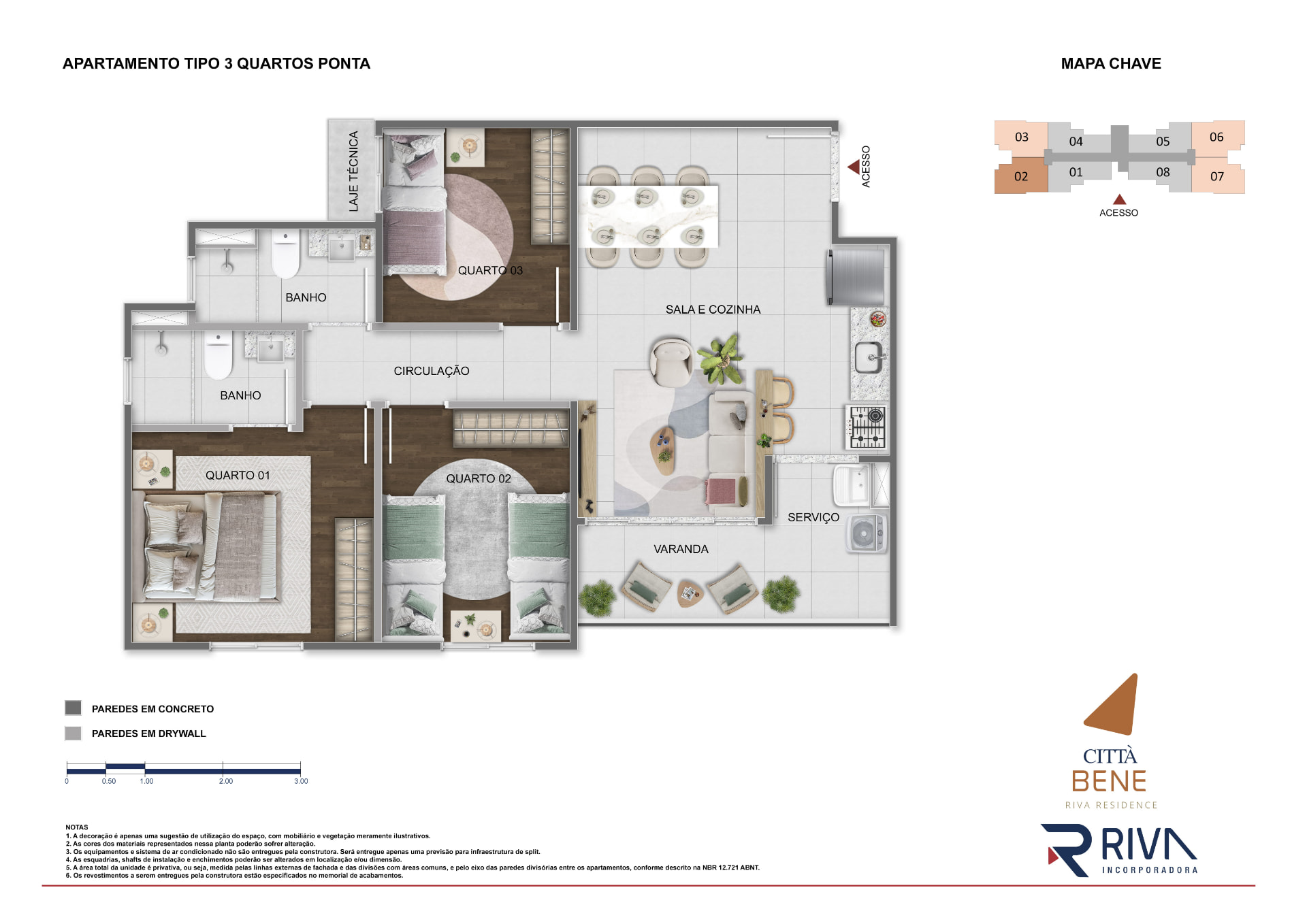 Planta do apartamento tipo 3 quartos ponta — sala e cozinha ampla, varanda, serviço, três quartos e dois banhos