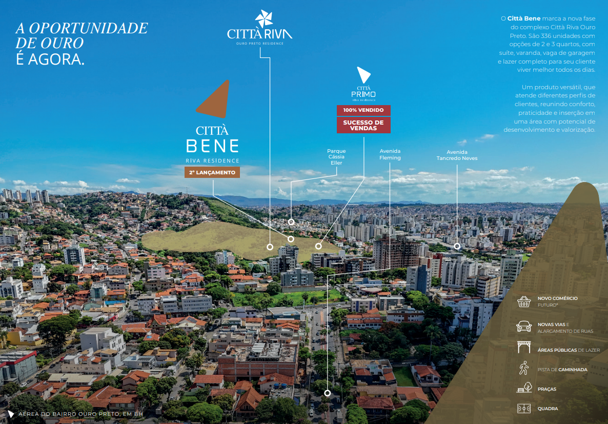 A oportunidade de ouro é agora — vista aérea do bairro Ouro Preto, em BH, com a localização do Città Bene e do Città Primo