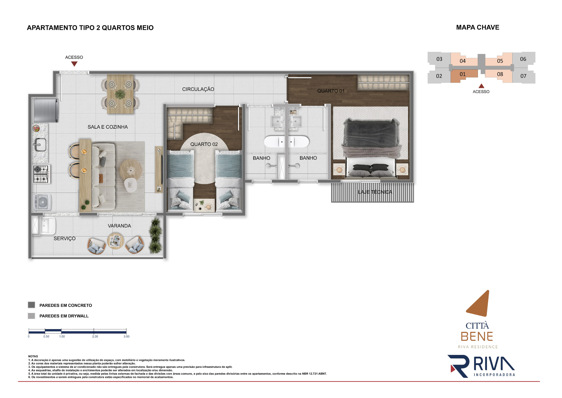 Planta do apartamento tipo 2 quartos meio — sala e cozinha, varanda, serviço, dois quartos e dois banhos